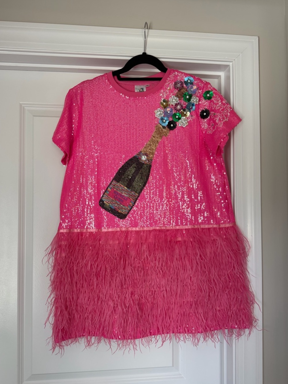 Queen of Sparkles “Birthday Queen” Champagne Sequin Dress with Feathers